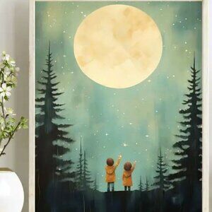 10"L x 8"W Whimsical Children Gazing Full Moon Starry Night Sky Canvas Art Print